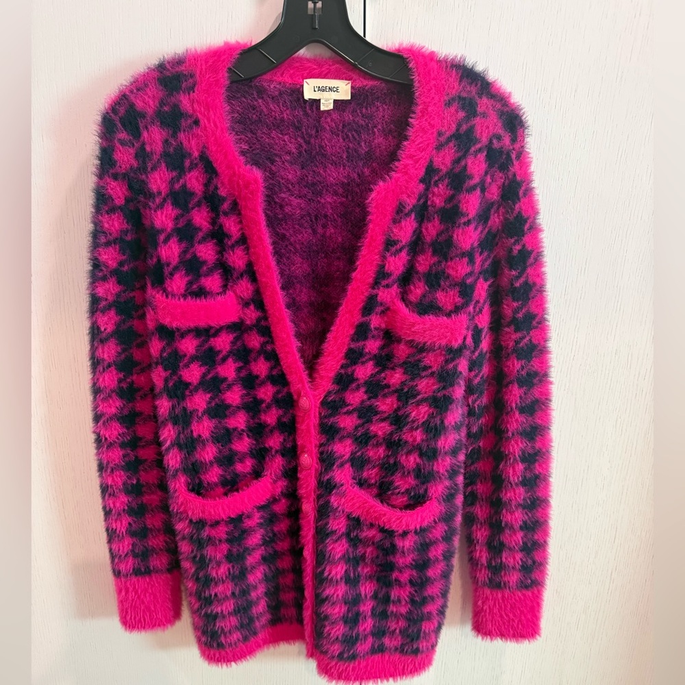 L'AGENCE Hot Pink & Black Fuzzy Houndstooth Cardigan - Picture 1 of 6